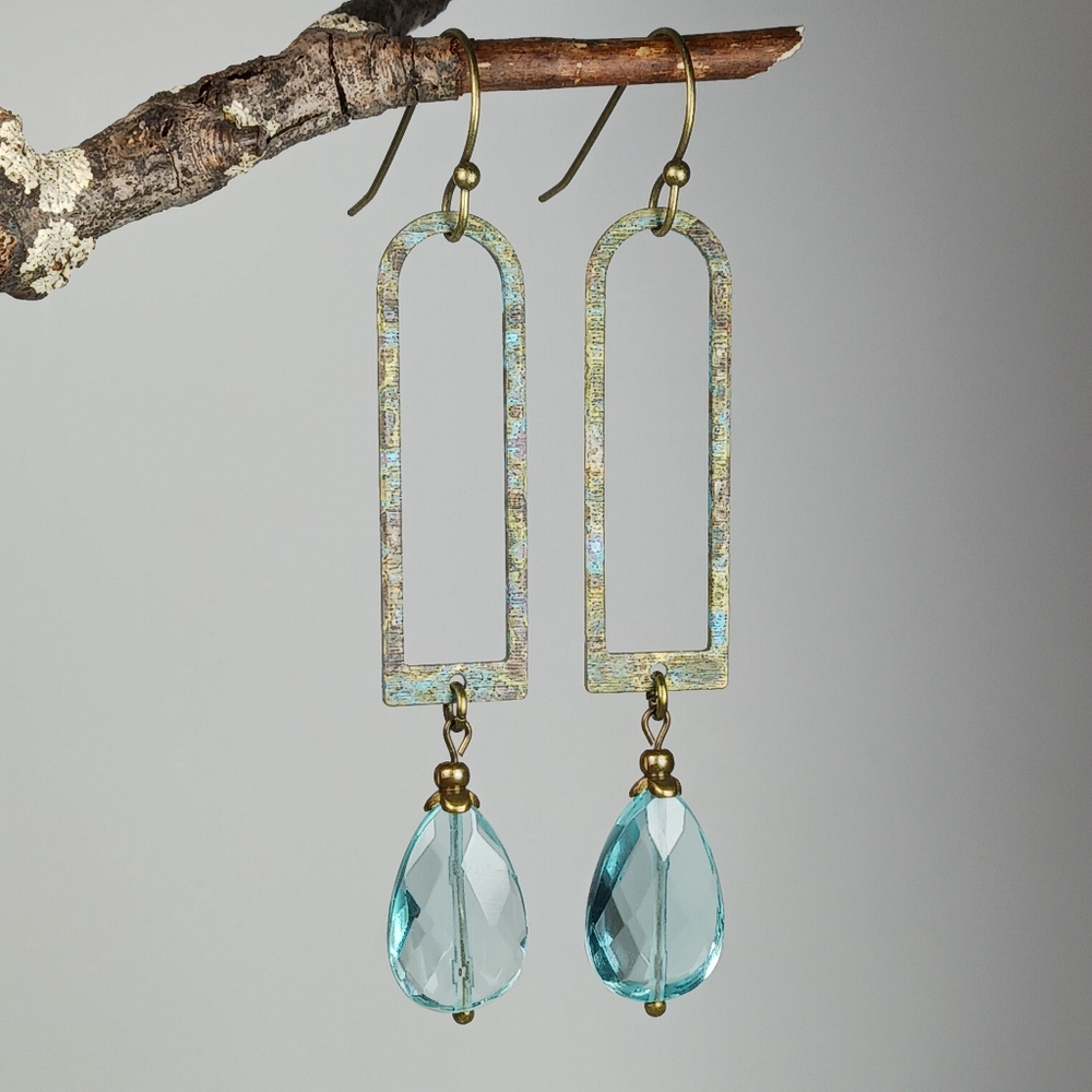 HAND CRAFTED EARRINGS Turquoise Aqua Glass Brass Modern Minimalist Dangle